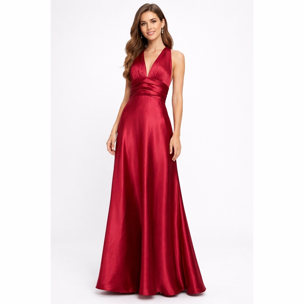 Bari Jay NWT Radiant Red Satin Ruched Details Criss Cross Formal Dress Maxi Gown